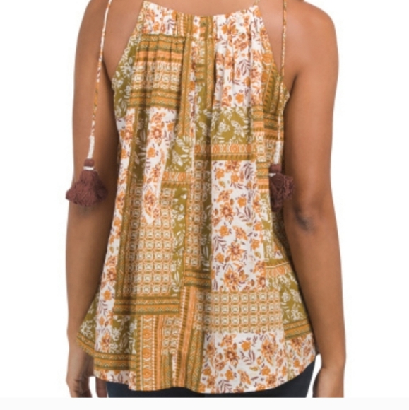 Artelier Nicole Miller Tie At Shoulder Printed Flowy Tank With Tassels Size M - Picture 2 of 5
